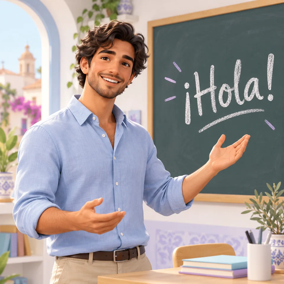 Profesor de español junto a una pizarra con Hola